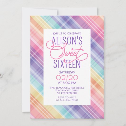 Rainbow Kariert Sweet 16 Geburtstag Einladung (Vorderseite)