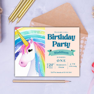 Rainbow Kids Einhorn 1. Geburtstagseinladung Postkarte