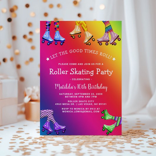 Rainbow Kids Roller Skaten Birthday Party Einladung