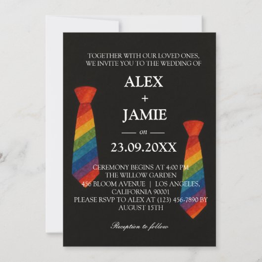 Rainbow Krawatte Gay Couple Moderne Black Wedding Einladung (Vorderseite)