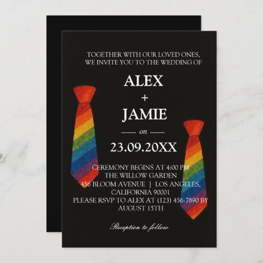 Rainbow Krawatte Gay Couple Moderne Black Wedding Einladung (Vorne/Hinten)