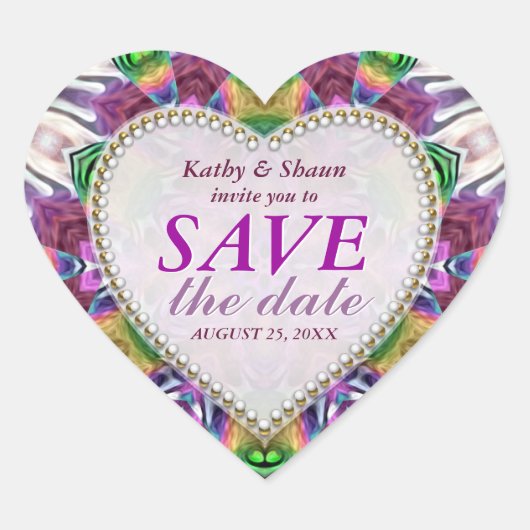 Rainbow-Kristalle Save the Date Heart Stickers (Vorderseite)