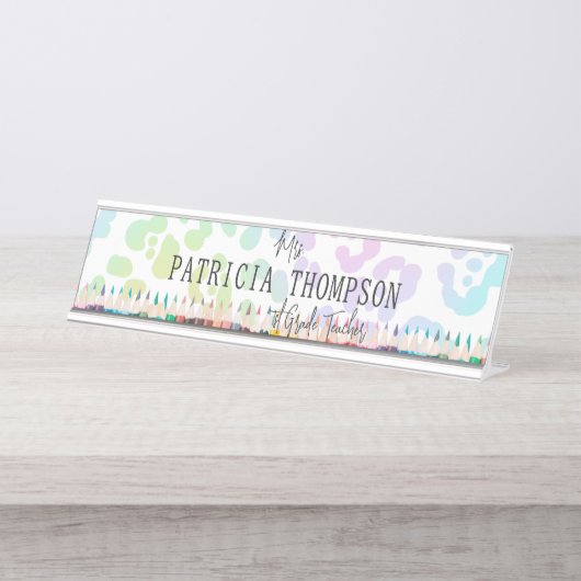 Rainbow Leopard Crayon School Lehrer Schreibtischnamensplakette (Vorderseite )