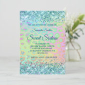 Rainbow Leopard Imitate Aquamarin Glitzer Sweet 16 Einladung (Stehend Vorderseite)