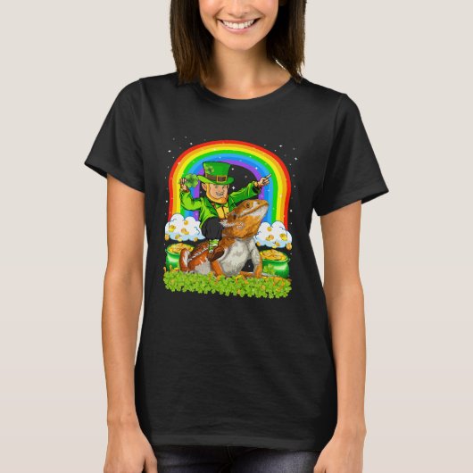 Rainbow Leprechaun Reiten Bearded Dragon St Patric T-Shirt (Vorderseite)