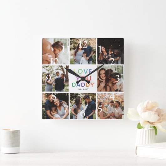 Rainbow 'LIEBE YOU DADDY' Foto Collage Keepake Quadratische Wanduhr (Zuhause)