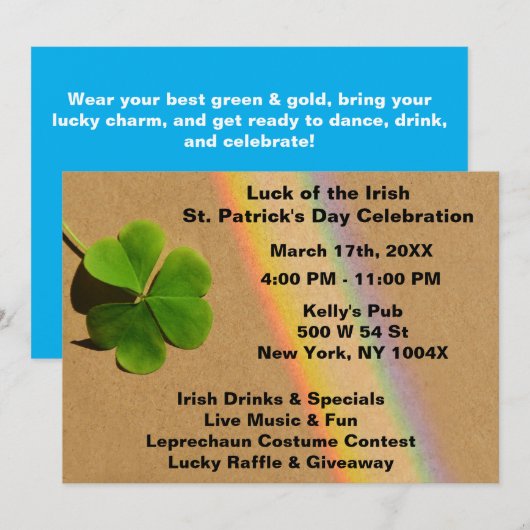 Rainbow Light Blue & Green Clover Drink Irish Einladung (Vorne/Hinten)
