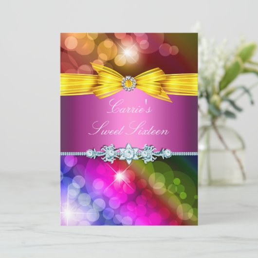 Rainbow Lights & Bow 16 . Geburtstag Einladung (Stehend Vorderseite)