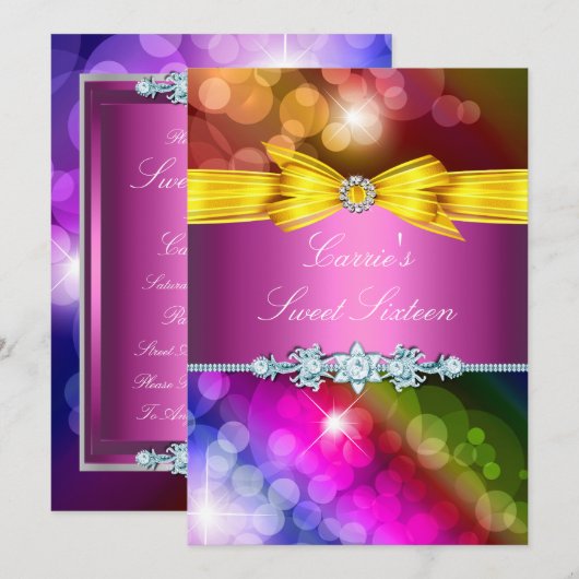 Rainbow Lights & Bow 16 . Geburtstag Einladung (Vorne/Hinten)