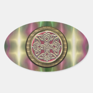Rainbow Lights Gold Stone Celtic Shield Knot Ovaler Aufkleber