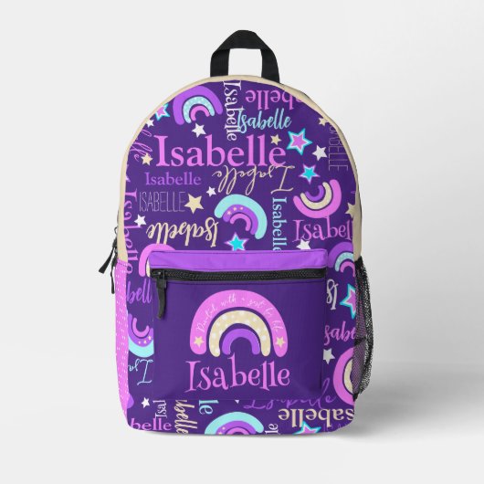 Rainbow lila rosa gelbe Stars Name Isabelle Bedruckter Rucksack (Vorderseite)