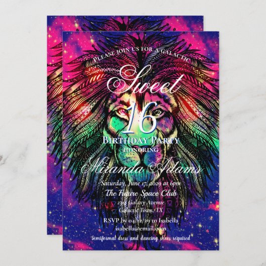 Rainbow Lion Hipster Galaxy Einladung (Vorne/Hinten)