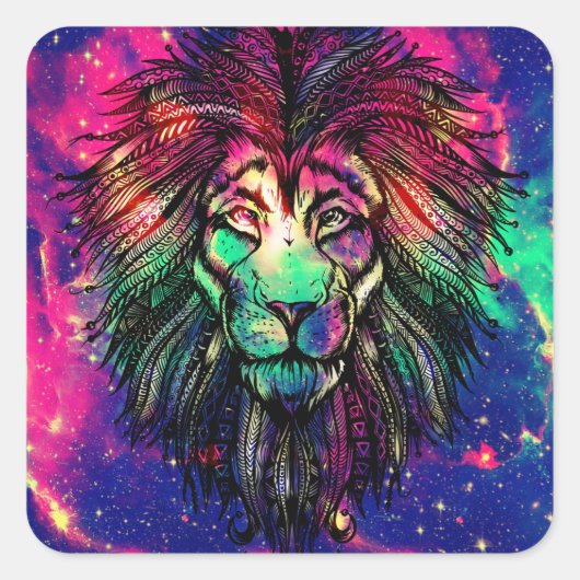 Rainbow Lion Hipster Galaxy Quadratischer Aufkleber (Vorderseite)