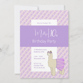 Rainbow Llama Lila Floral Girls 10. Geburtstag Einladung