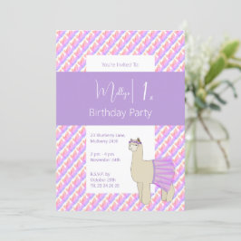 Rainbow Llama Lila Girls 1. Geburtstag Einladung