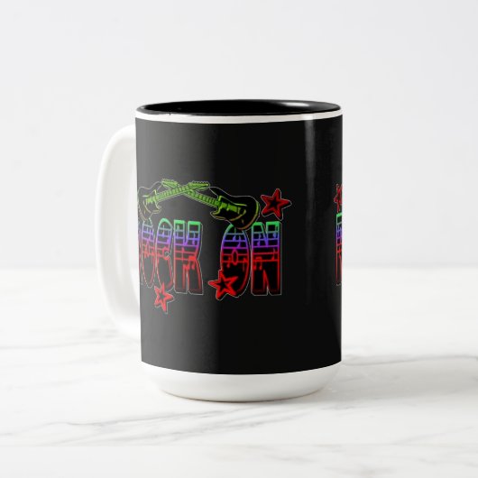 Rainbow Logo Rock On Gitarren & Stars Tasse (Vorderseite Links)