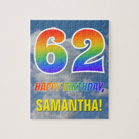 Rainbow Look "62" & "HAPPY BIRTHDAY", Cloudy Sky Puzzle (Vertikal)