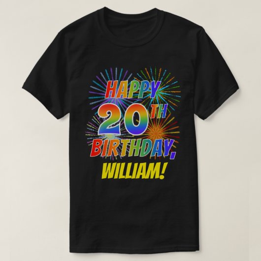 Rainbow Look GLÜCKLICH 20. GEBURTSTAG; Feuerwerk + T-Shirt (Design vorne)