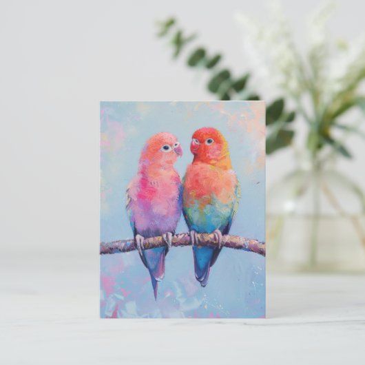 Rainbow Love Birds Postkarte (Stehend Vorderseite)