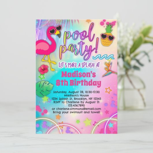 Rainbow Luau Pool Party Geburtstag Einladung (Stehend Vorderseite)