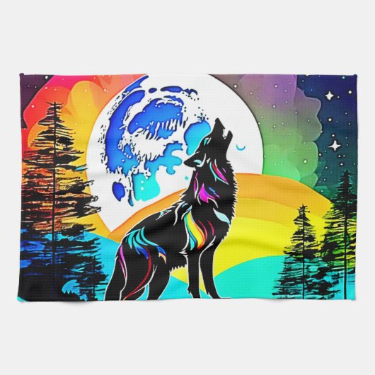 Rainbow Lunar Wolf Howl Art Geschirrtuch (Horizontal)