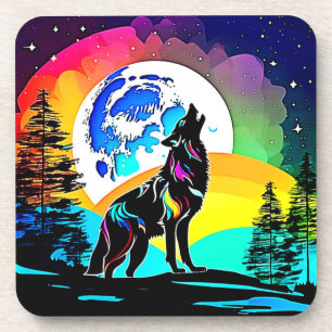 Rainbow Lunar Wolf Howl Art Getränkeuntersetzer