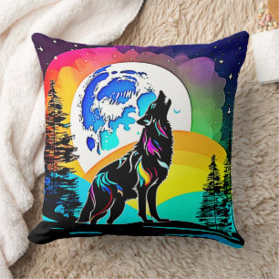 Rainbow Lunar Wolf Howl Art Kissen
