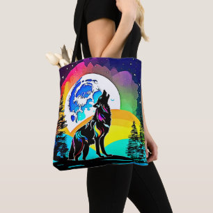 Rainbow Lunar Wolf Howl Art Tasche
