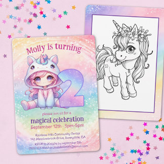 Rainbow Magical Chibi Unicorn Geburtstag Einladung