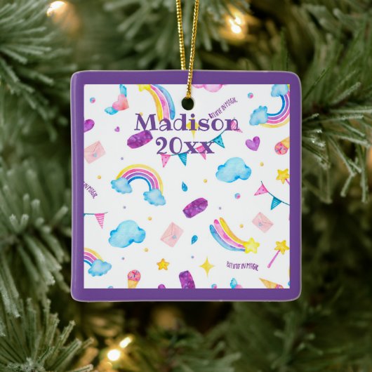 Rainbow Magical Lila Personalize Name Year Girl Keramikornament (Baum)