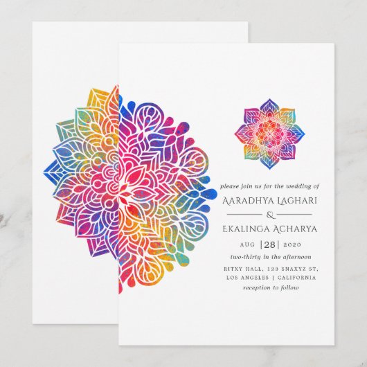 Rainbow Mandala Indian Wedding Einladung (Vorne/Hinten)