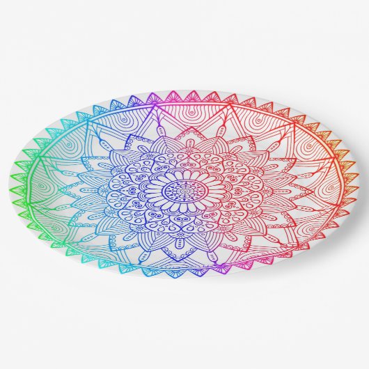 Rainbow Mandala Pappteller (Schrägansicht)