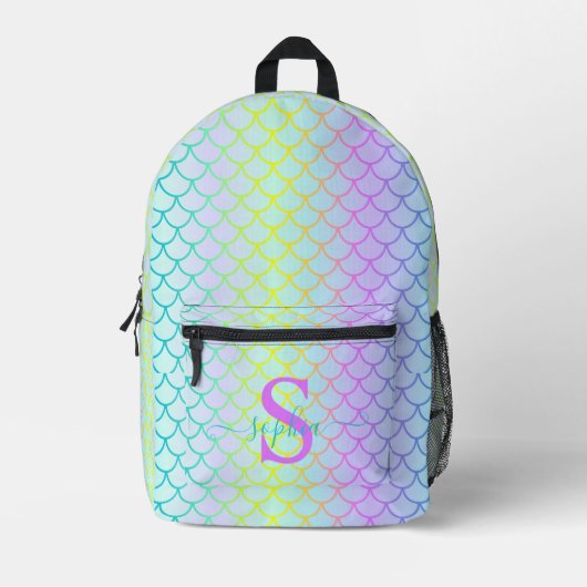 Rainbow Mermaid Scales Neon Holographic Cool Teens Bedruckter Rucksack (Vorderseite)