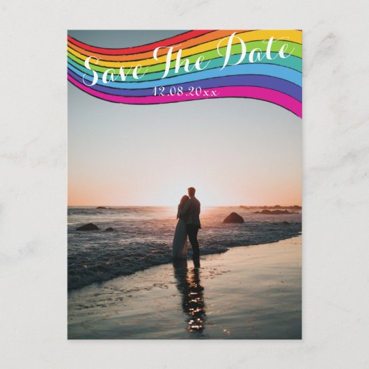 Rainbow Modernes Lässiges Foto Hochzeit retten Dat Postkarte (Vorderseite)