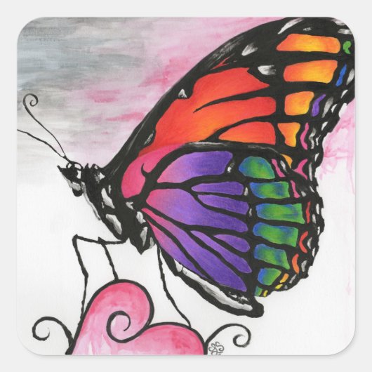 Rainbow Monarch Butterfly Original Fantasy Art Quadratischer Aufkleber (Vorderseite)