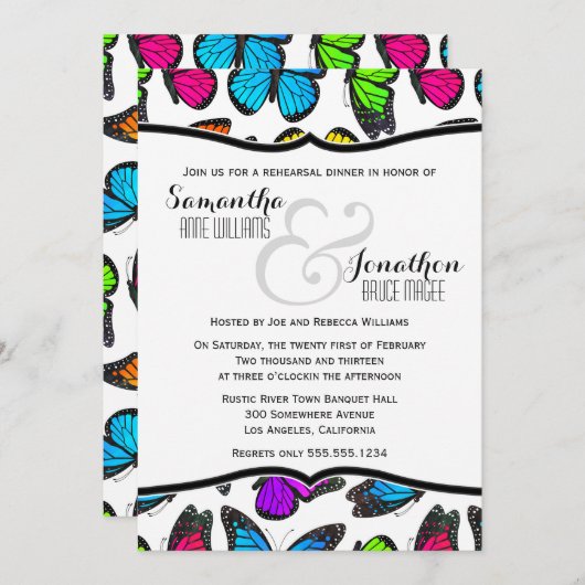 Rainbow Monarch Butterfly Reheasal Abendessen Einl Einladung (Vorne/Hinten)