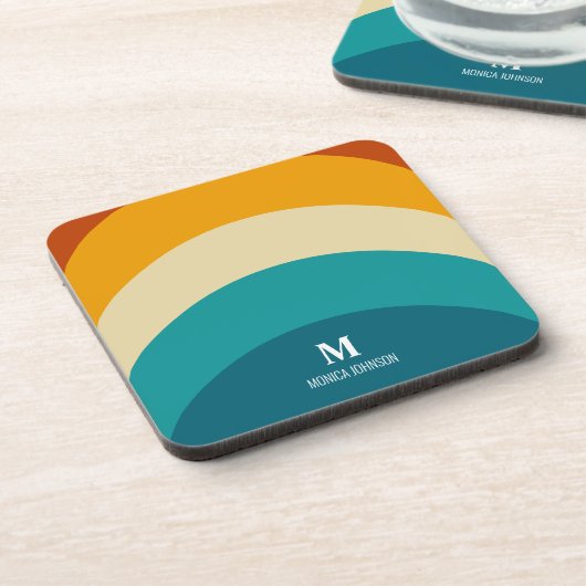Rainbow Monogram Individuelle Name Retro Sunset St Getränkeuntersetzer (Linke Seite)