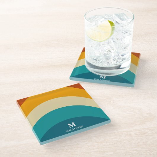 Rainbow Monogram Individuelle Name Retro Sunset St Glasuntersetzer (Schrägansicht)