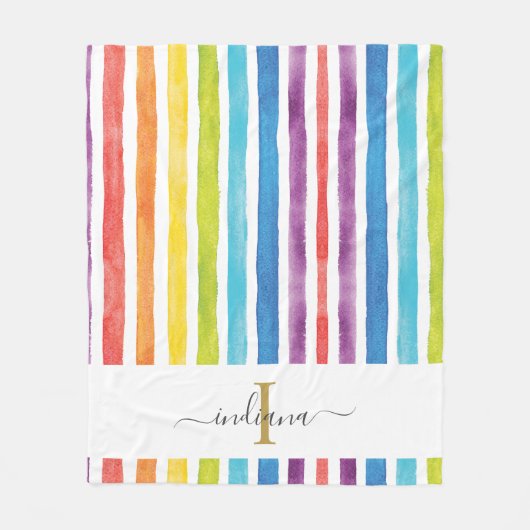 Rainbow Monogram Script Name Watercolor Streifen Fleecedecke (Vorderseite)