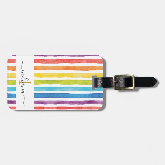 Rainbow Monogram Watercolor Streifen Gepäckanhänger (Vorderseite horizontal)