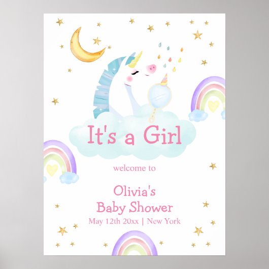 Rainbow Moon Star Unicorn Kinderdusche Willkommen Poster (Vorne)