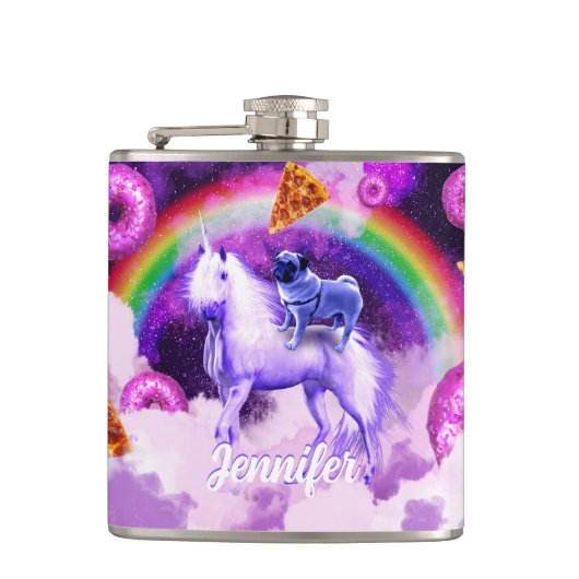 Rainbow-Mops im Weltraum auf einem Einhorn Flachmann (Vorderseite)
