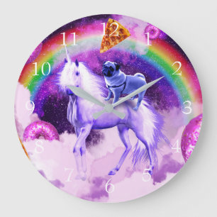 Rainbow-Mops im Weltraum auf einem Einhorn Große Wanduhr