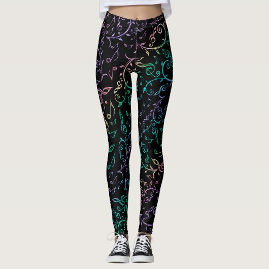 Rainbow Music Notes Floral Pattern Black Leggings (Vorderseite)