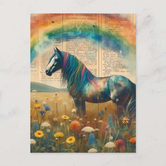 Rainbow Mustang Vintage Diktonary Page Collage Postkarte (Vorderseite)