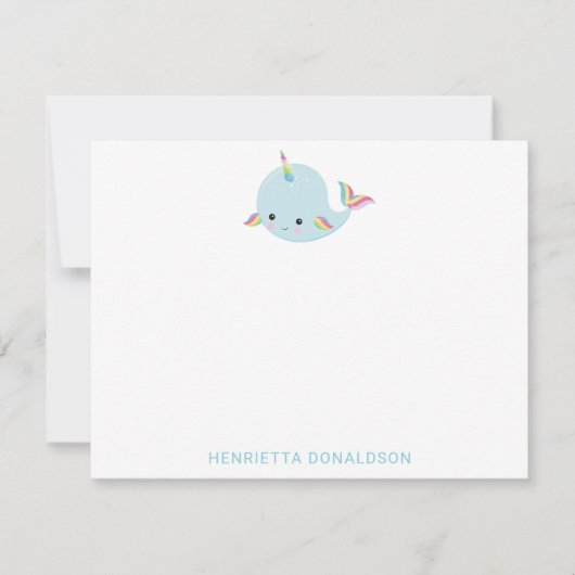 Rainbow Narwhal Kawaii Muster Pastel Blauer Name Mitteilungskarte (Vorderseite)