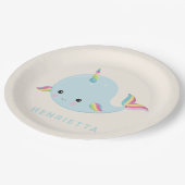 Rainbow Narwhal Kawaii Muster Pastel Blauer Name Pappteller (Schrägansicht)