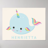 Rainbow Narwhal Kawaii Muster Pastel Blauer Name Poster (Vorne)