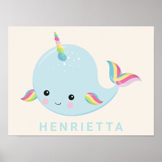 Rainbow Narwhal Kawaii Muster Pastel Blauer Name Poster (Vorne)