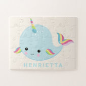 Rainbow Narwhal Kawaii Muster Pastel Blauer Name Puzzle (Horizontal)